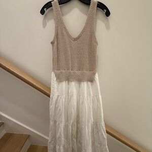 Elan Beige Knit Top with White Maxi Skirt